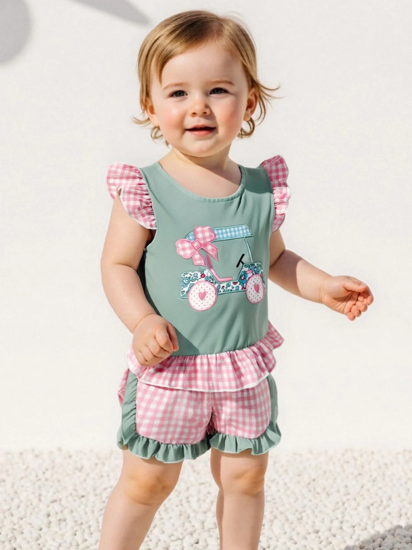 Adorable Infant Girl s Summer Ensemble Cute Golf Cart Embroidered Flutter Sleeve Top with Plaid Print Shorts 2-Piece Set