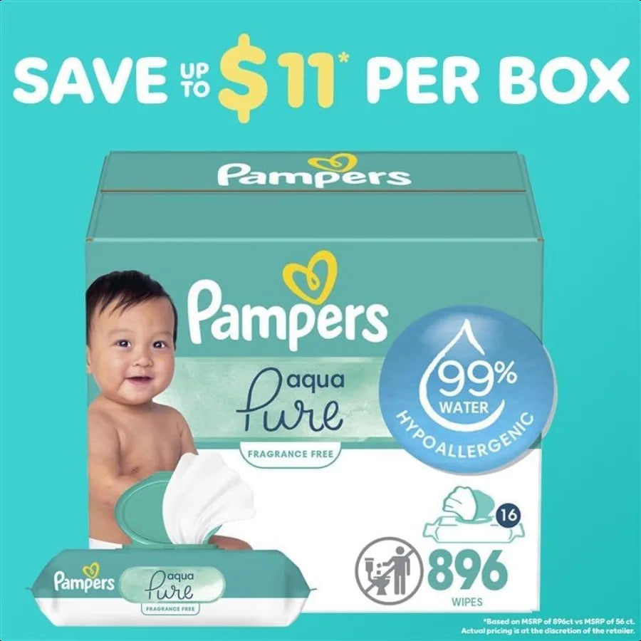Pampers Baby Wipes Aqua Pure 99 waterbased wipes Hypoallergenic and Unscented Baby Wipes 672 Wipes Total 12 FlipTop Packs