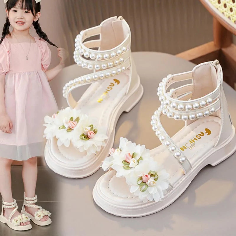 New Girls Summer Sandals Beige Flower Pearls Little Girl Princess Shoes Black Soft Bottom Non-slip Girls Kid Roman Sandals Shoes