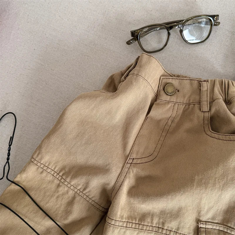 2025 Spring New Children Cargo Pants Cotton Boys Casual Pants Solid Versatile Baby Girls Loose Trousers Kids Wide Leg Pants