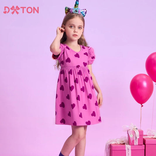 DXTON Short Sleeve Girls Clothing Children Summer Dresses Heart Print School Kids Daily Dress Toddler Vacation Costumes
