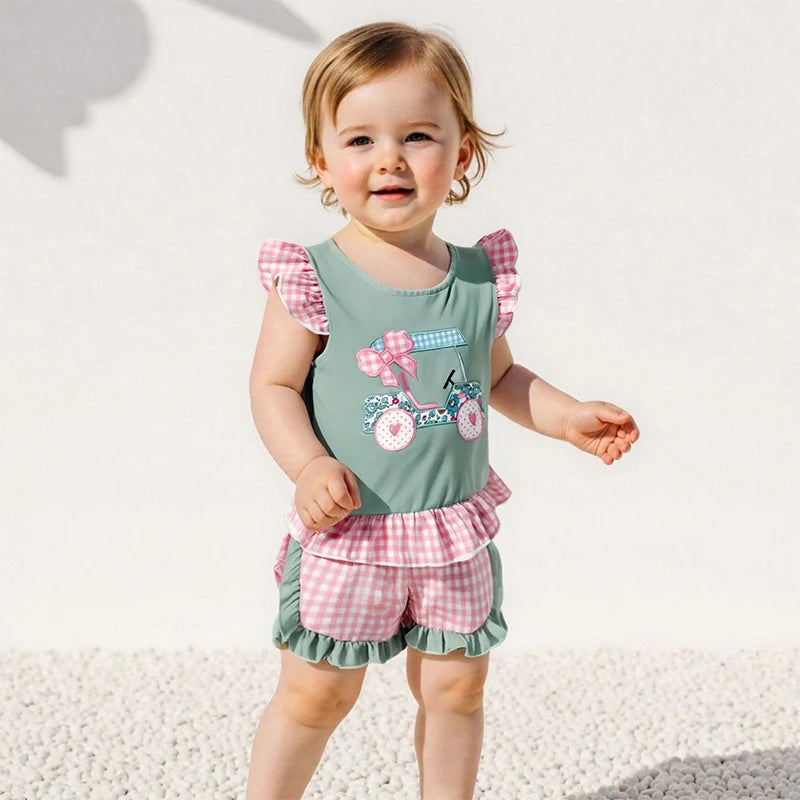 Adorable Infant Girl s Summer Ensemble Cute Golf Cart Embroidered Flutter Sleeve Top with Plaid Print Shorts 2-Piece Set