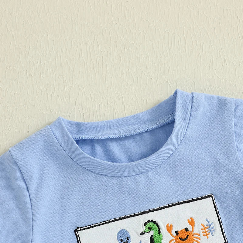 Boys Summer Outfit Set with Short Sleeve Ocean Animal Embroidered Top and Striped Shorts - Cute and Comfy Summer Wear