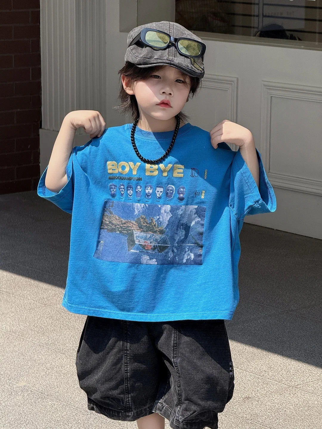 Children T-shirt Summer Boys Fashion Handsome Print Blue Crewneck Short Sleeve Loose Fit Version Tops Kid Clothes Tees A52020