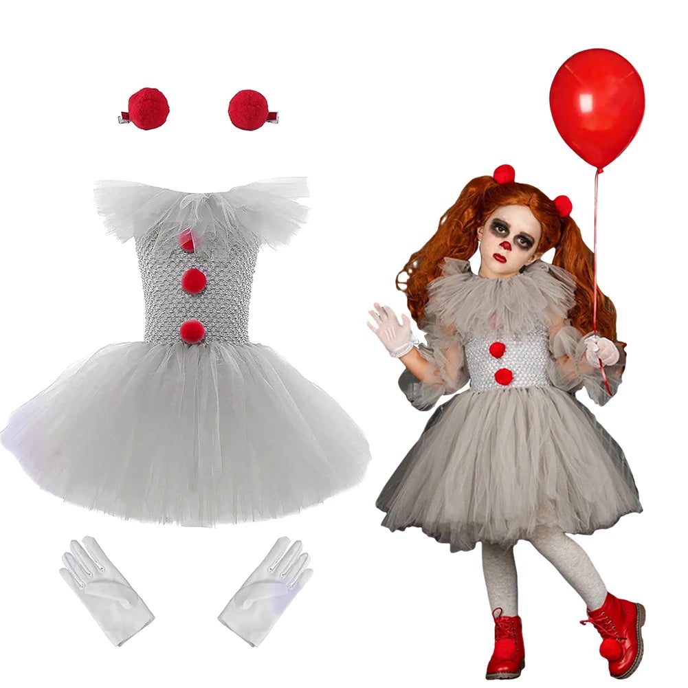 Girls Halloween Clown Tutu Dress Tulle Fancy Dress Creepy Clown Cosplay Clothes Halloween Dress Up Costume