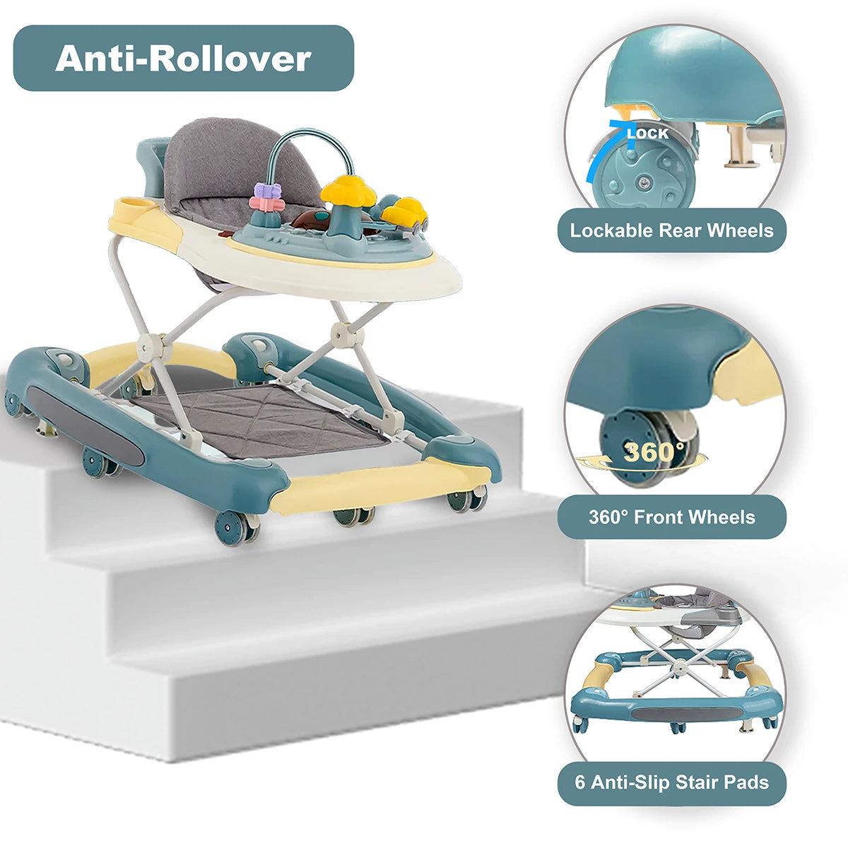 4in1 Baby Walker with Wheels Adjustable Height Music Lights Rocker Mode Activity Walker and Bouncer Combo For Baby Boys & Girls