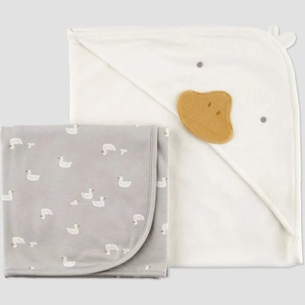Baby Hooded Towel Set 2pk Cotton Polyester Terry Bath Towels Animal Print Duck Face Machine Washable Gift Set