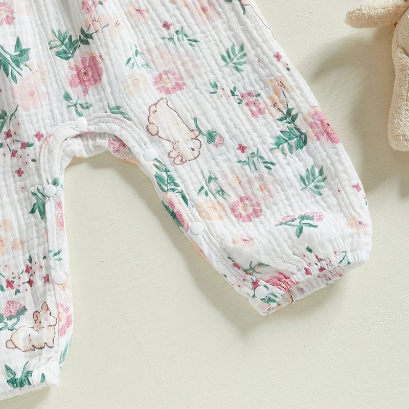 Adorable Baby Girls Easter Romper with Bunny Print Ruffled Long Sleeve Jumpsuit and Matching Headband Set for Toddler