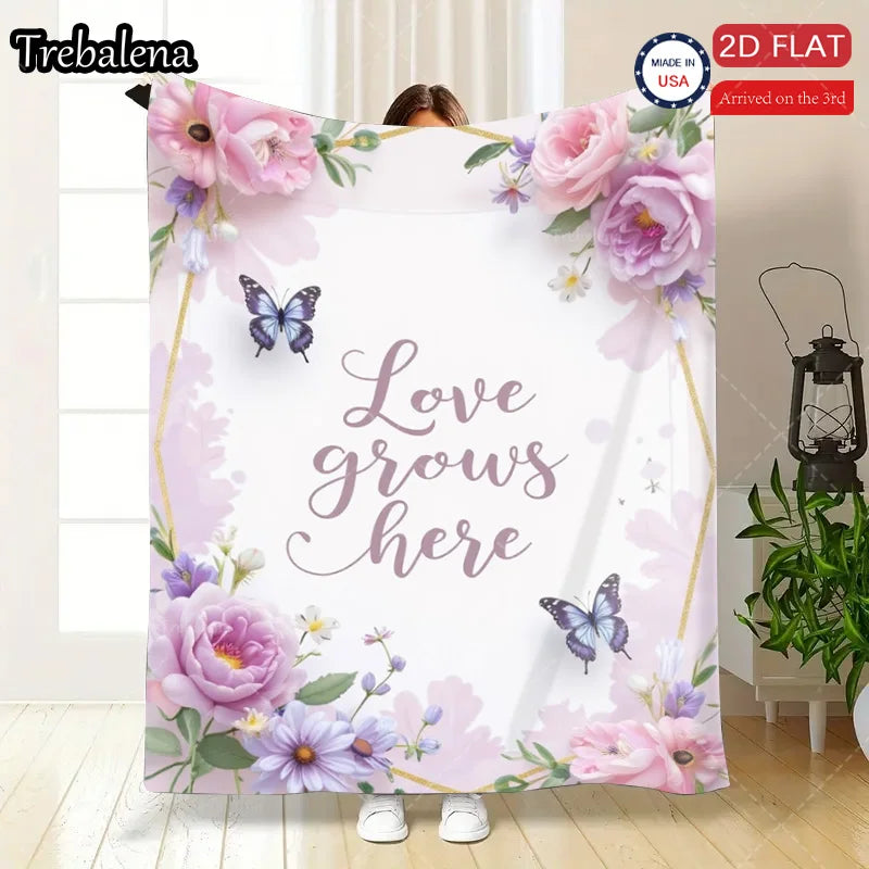 Flannel Blanket-Soft Lightweight All-season Floral Butterfly Baby Blanket Soft Cozy Love Grows Here Design