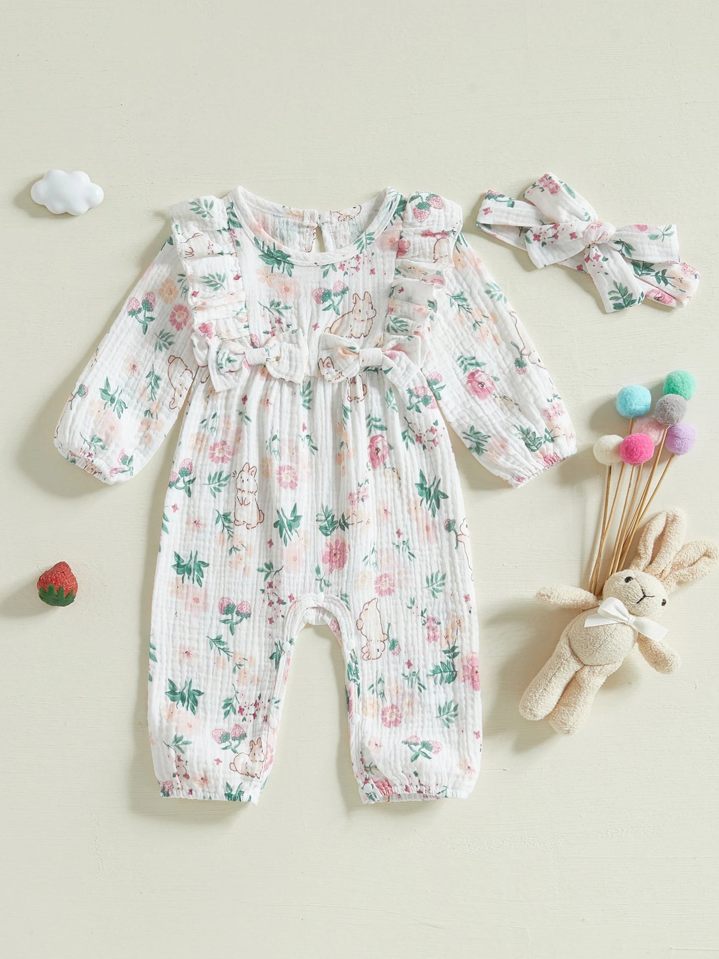 Adorable Baby Girls Easter Romper with Bunny Print Ruffled Long Sleeve Jumpsuit and Matching Headband Set for Toddler