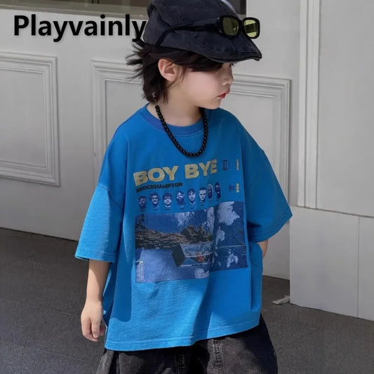 Children T-shirt Summer Boys Fashion Handsome Print Blue Crewneck Short Sleeve Loose Fit Version Tops Kid Clothes Tees A52020