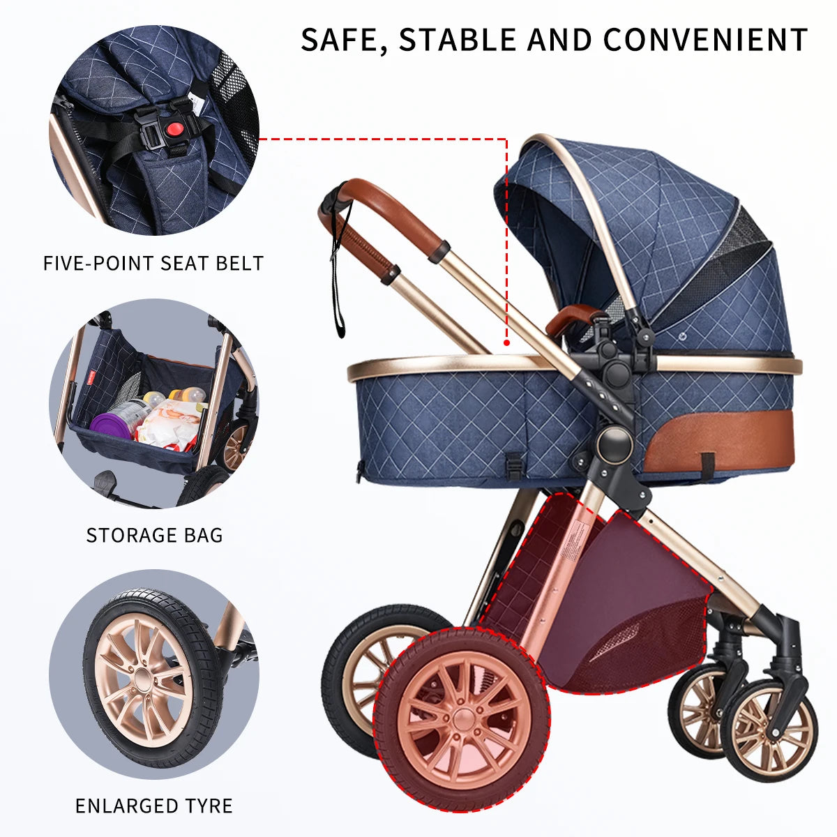 Foldable baby stroller with shock absorption function, an outdoor stroller that can be pushed in both directions
