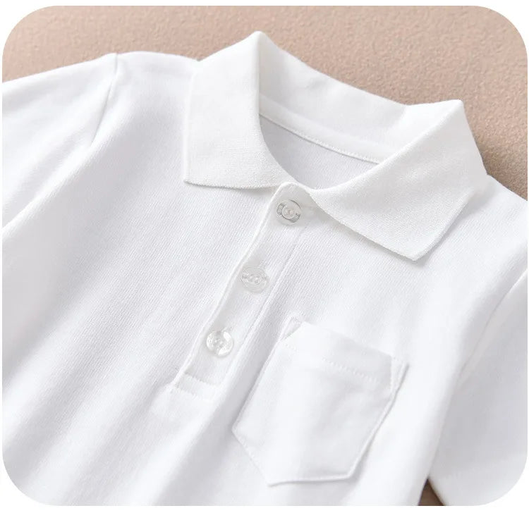 Children's short-sleeve Polo Shirts Boys and Girls 2025 Summer t-shirts 100% Cotton White School Tops 2T-16T Performance costume