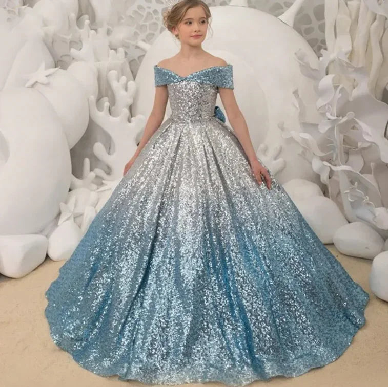 Luxury Formal Evening Dresses for Flower Girl Dress Kids  Birthday Party Elegant Sequins Gown Fluffy Long Pageant Prom Ball Gown