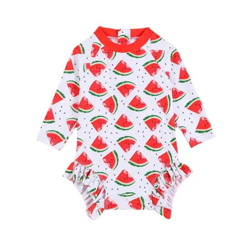 Toddler Girls  Swimsuit with UPF 50 Sun Protection Watermelon Print Zipper Front Long Sleeve Rash Guard Swimwear for