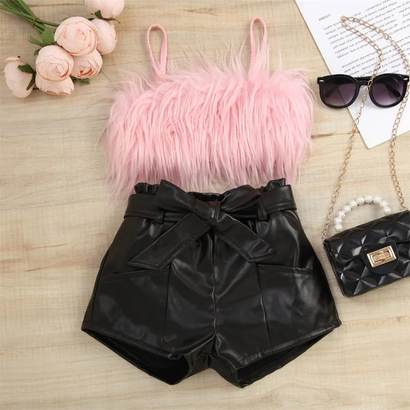 Listenwind 2-7Y Kids Children Girls Clothes Set Vest Tops Pu Leather Bow Shorts Summer Outfits