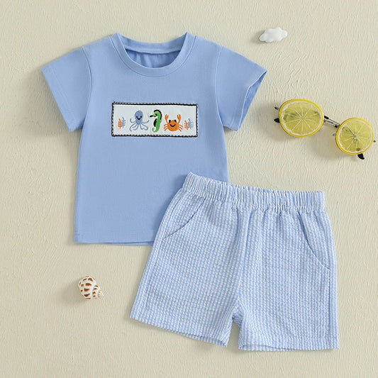 Boys Summer Outfit Set with Short Sleeve Ocean Animal Embroidered Top and Striped Shorts - Cute and Comfy Summer Wear