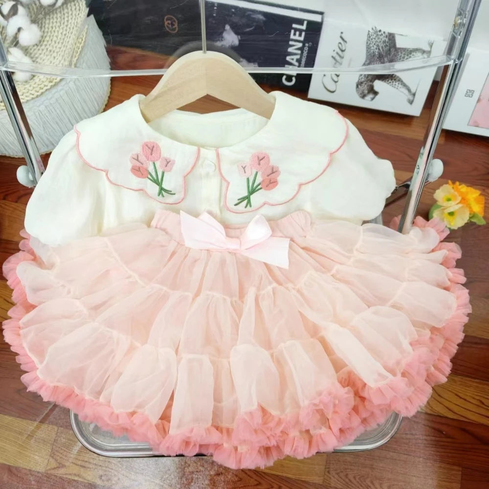 Bear Leader Summer Sweet and Cute Girl's Clothing Embroidered Flower Doll Collar Short Sleeve Top+Mesh Puff Skirt Two Piece Set