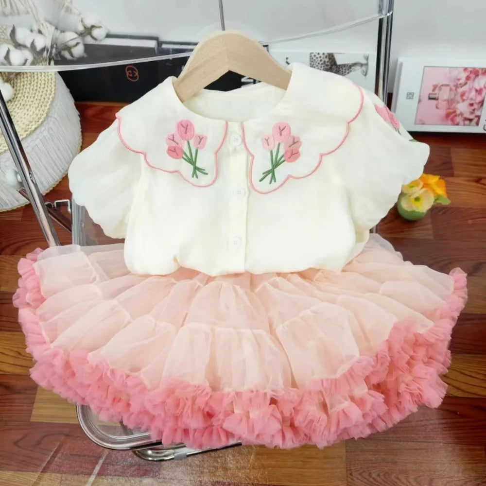Bear Leader Summer Sweet and Cute Girl's Clothing Embroidered Flower Doll Collar Short Sleeve Top+Mesh Puff Skirt Two Piece Set