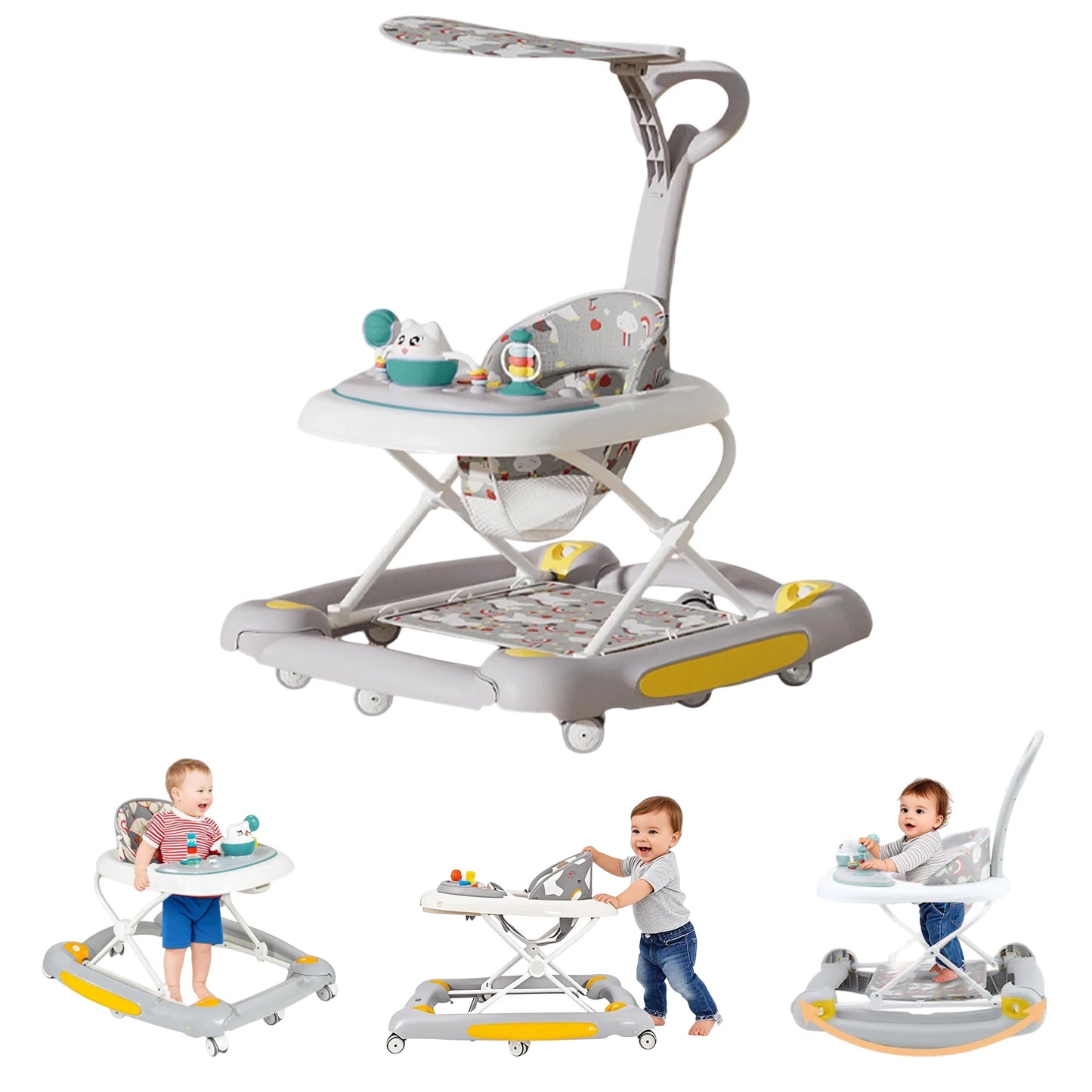 4in1 Baby Walker with Wheels Adjustable Height Music Lights Rocker Mode Activity Walker and Bouncer Combo For Baby Boys & Girls