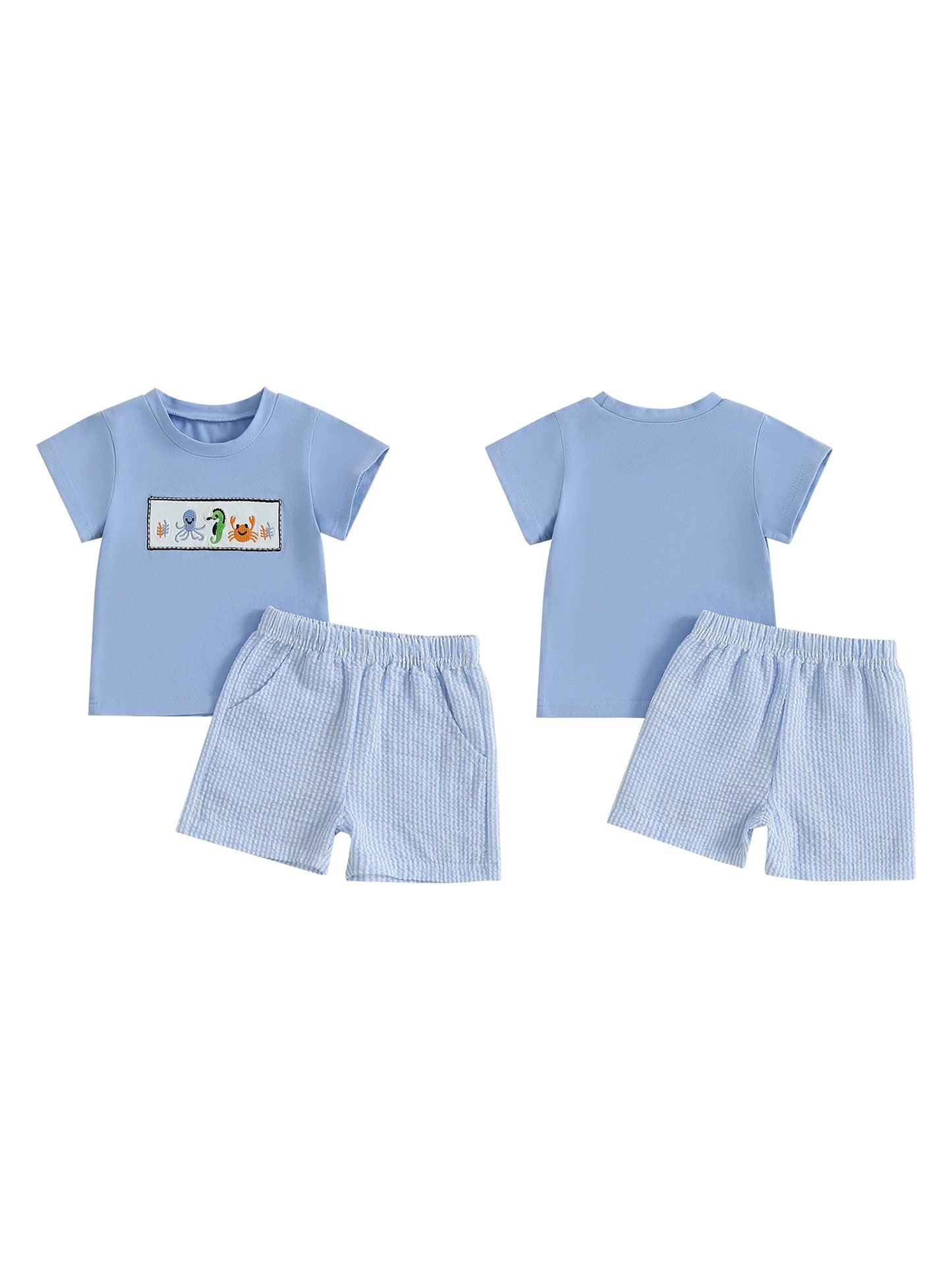 Boys Summer Outfit Set with Short Sleeve Ocean Animal Embroidered Top and Striped Shorts - Cute and Comfy Summer Wear
