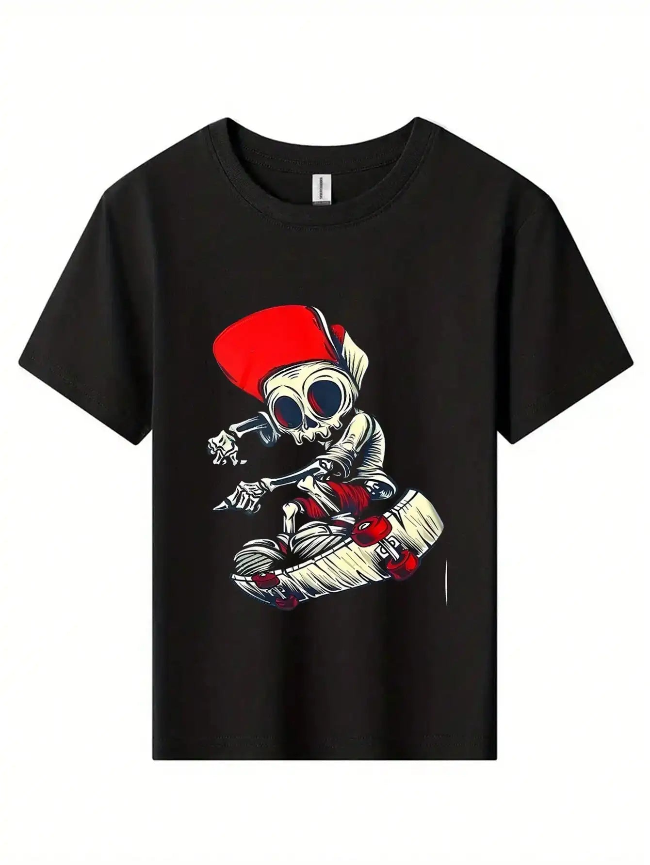 Tween Boys Skull Skateboarding Cotton Graphic Tees, Black Casual Style Summer Tops With Cool Skeleton Art