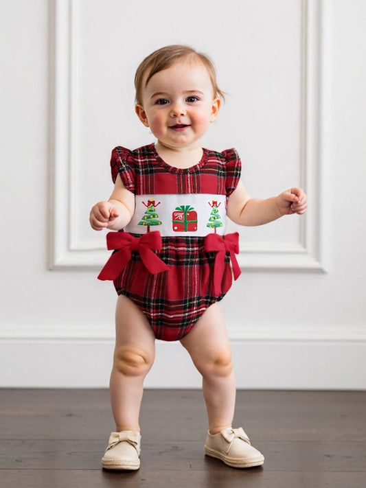 Baby Girl Summer Romper Casual Christmas Tree Embroidery Plaid Print Fly Sleeves Jumpsuit for Newborn Cute Clothes