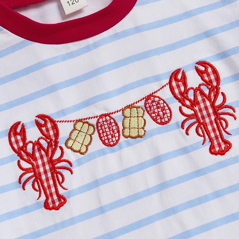 Boys Summer Outfit Set Short Sleeve Striped T-shirt with Embroidered Crayfish Design and Elastic Waist Shorts for Toddlers