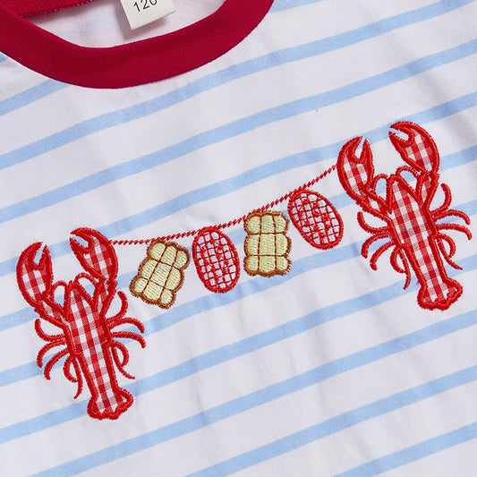 Boys Summer Outfit Set Short Sleeve Striped T-shirt with Embroidered Crayfish Design and Elastic Waist Shorts for Toddlers