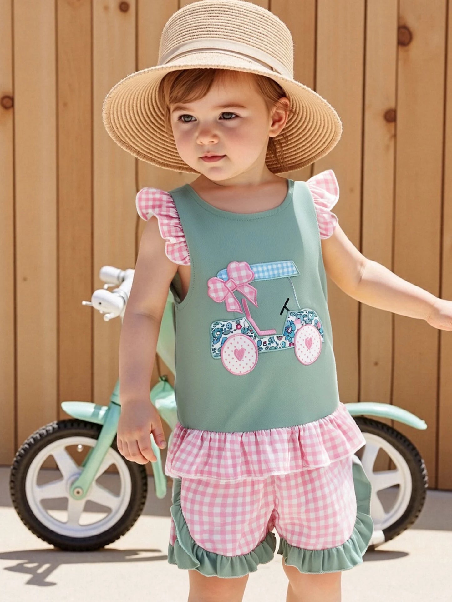 Adorable Infant Girl s Summer Ensemble Cute Golf Cart Embroidered Flutter Sleeve Top with Plaid Print Shorts 2-Piece Set