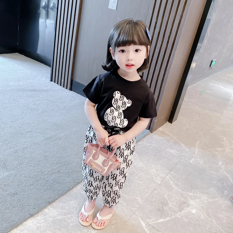 Kids Girls Clothing Sets Mother Kids Clothes Summer Children Clothings Cotton Toddlers Girl Short Sleeve Pants 2pcs Clothes Suit