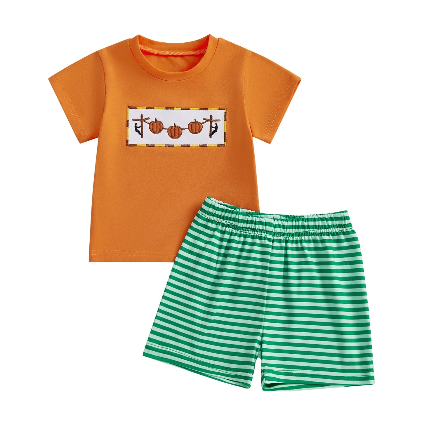 Adorable Baby Boys Summer Set with Pumpkin Embroidery T-Shirt and Striped Shorts - 2 Piece Outfit for a Stylish Look