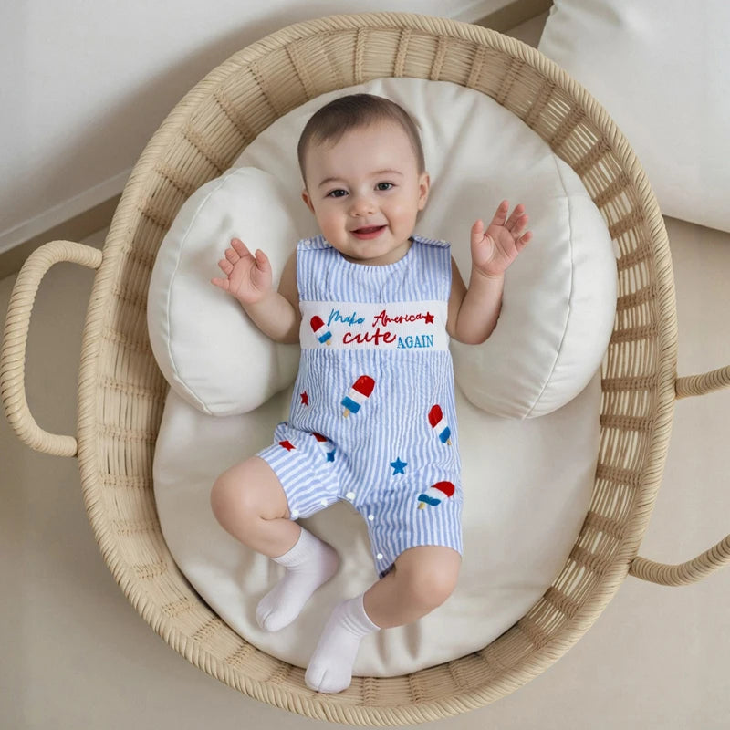 Toddler Girls 4th of July Romper Sleeveless Round Neck Popsicle Print Striped Jumpsuit with Embroidered Letters