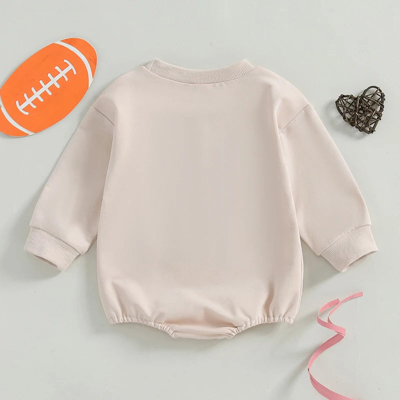 Infant Girl Football Print Long Sleeve Bubble Romper with Crew Neck and Bow Detail - Adorable Newborn Bodysuit for Game Day