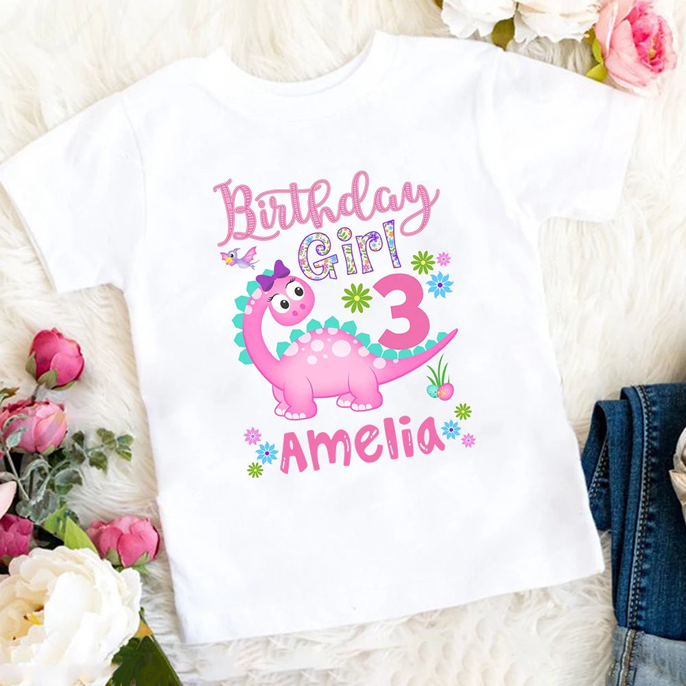 Personalized Kids Shirt Birthday Girl Cute Dinosaur T-shirt Custom Name Toddler Shirts Kid Birthday Gift Baby Girl Clothes