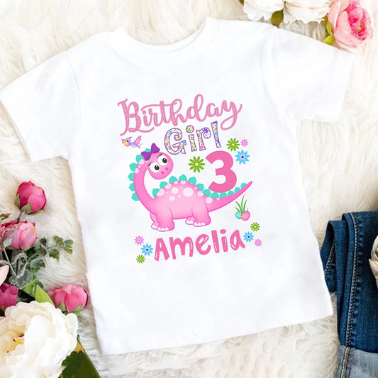 Personalized Kids Shirt Birthday Girl Cute Dinosaur T-shirt Custom Name Toddler Shirts Kid Birthday Gift Baby Girl Clothes