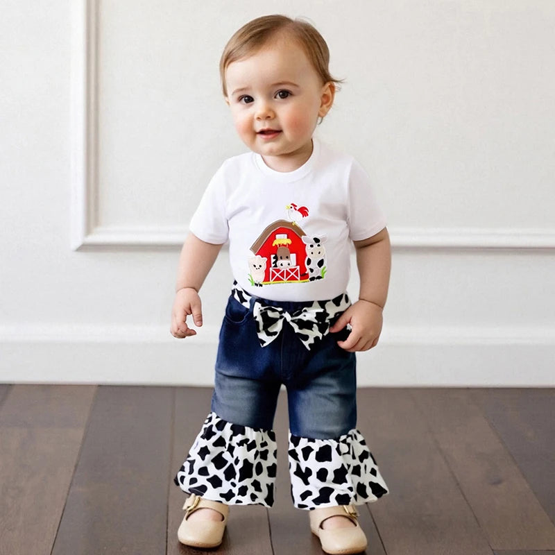 Adorable Baby Girl Farm Clothes Set with Cute Piglet Embroidery Top Denim Patchwork Pants and Matching Headband - 3 Piece