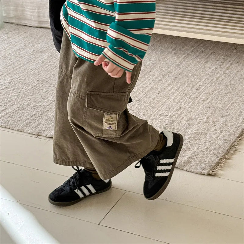 2025 Spring New Children Cargo Pants Cotton Boys Casual Pants Solid Versatile Baby Girls Loose Trousers Kids Wide Leg Pants