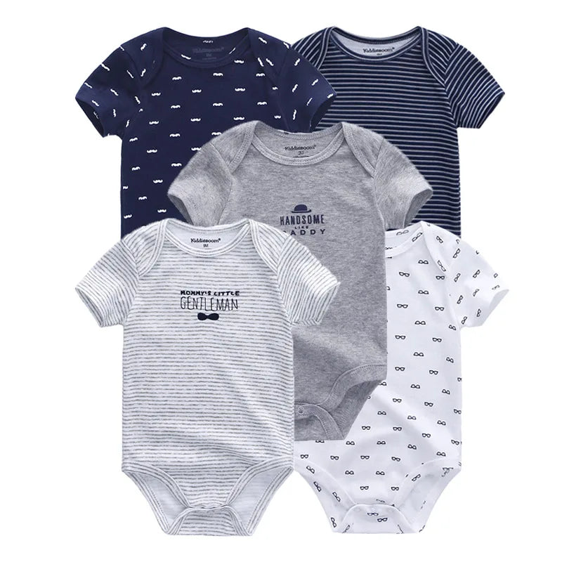 Kiddiezoom 5 Piece Fashion Cartoon Boys and Girls Bodysuits 100% Cotton Soft Newborn Bodysuit Set Summer