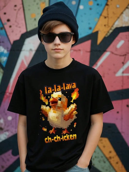 Tween Boys Pixelated Lava Chicken Cotton Graphic Tees, Black Casual Summer Tops With La-La-Lava Ch-Ch-Icken Text