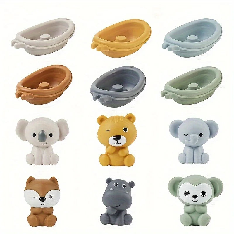 Baby Bath Toys Stacking Bath Boat Toy Silicone Adorable Animal Finger Puppets for Children Interactive Floating Squeeze Toy Gift