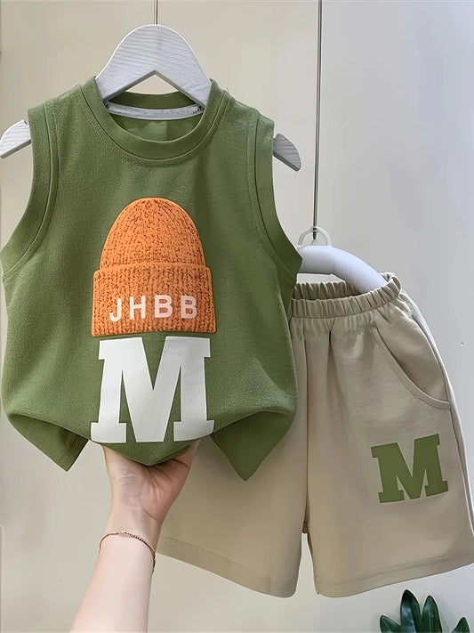 Boys' summer new fashion trend m hat printed sleeveless top boys' shorts two piece set