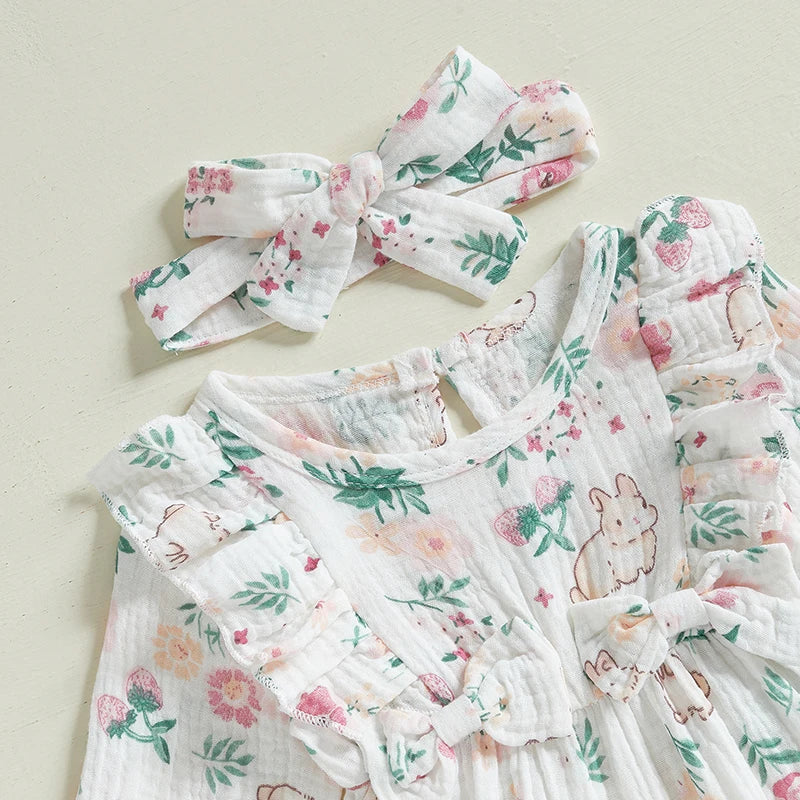 Adorable Baby Girls Easter Romper with Bunny Print Ruffled Long Sleeve Jumpsuit and Matching Headband Set for Toddler