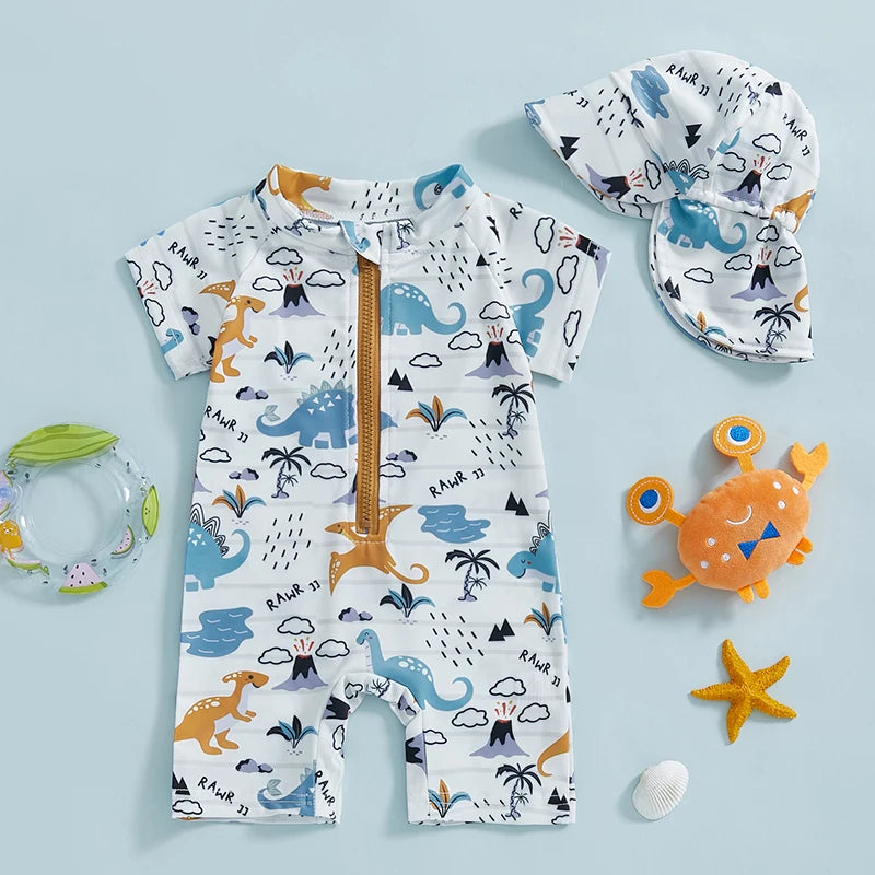 Baby Girl Long Sleeve Swimsuit Mermaid Print Full Zipper Anti-UV Rash Guard Swimwear Sunhat Set with Ruffles