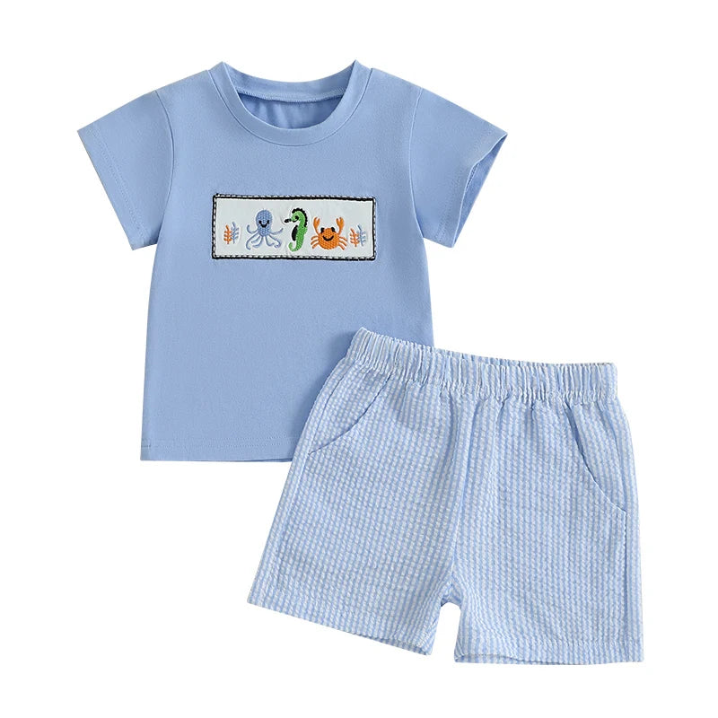 Boys Summer Outfit Set with Short Sleeve Ocean Animal Embroidered Top and Striped Shorts - Cute and Comfy Summer Wear