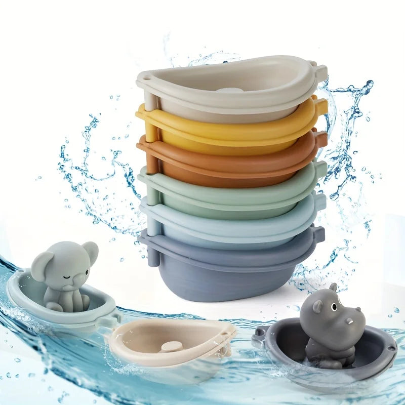 Baby Bath Toys Stacking Bath Boat Toy Silicone Adorable Animal Finger Puppets for Children Interactive Floating Squeeze Toy Gift