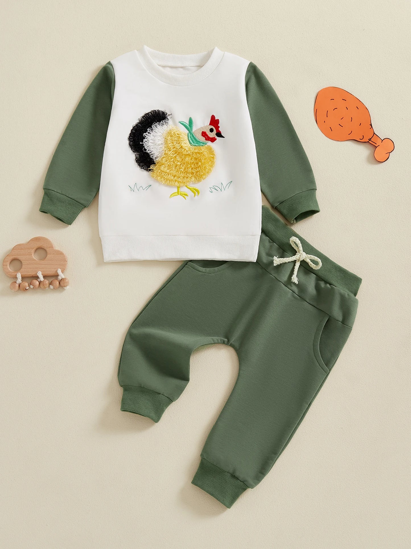 Boys Autumn Outfits Hen Embroidery Sweatshirts and Pants Set Long Sleeve Pullover and Trousers 2-Piece Clothing Ensemble