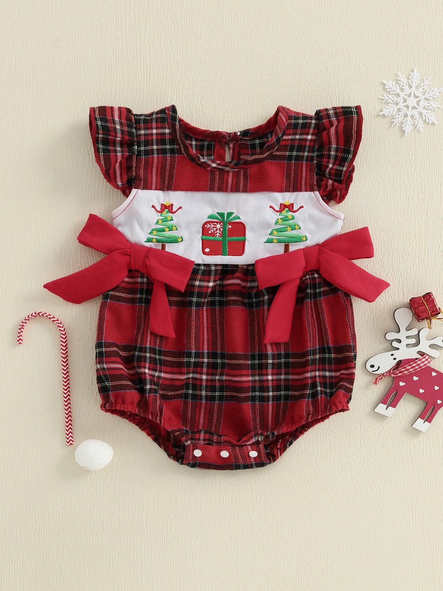 Baby Girl Summer Romper Casual Christmas Tree Embroidery Plaid Print Fly Sleeves Jumpsuit for Newborn Cute Clothes