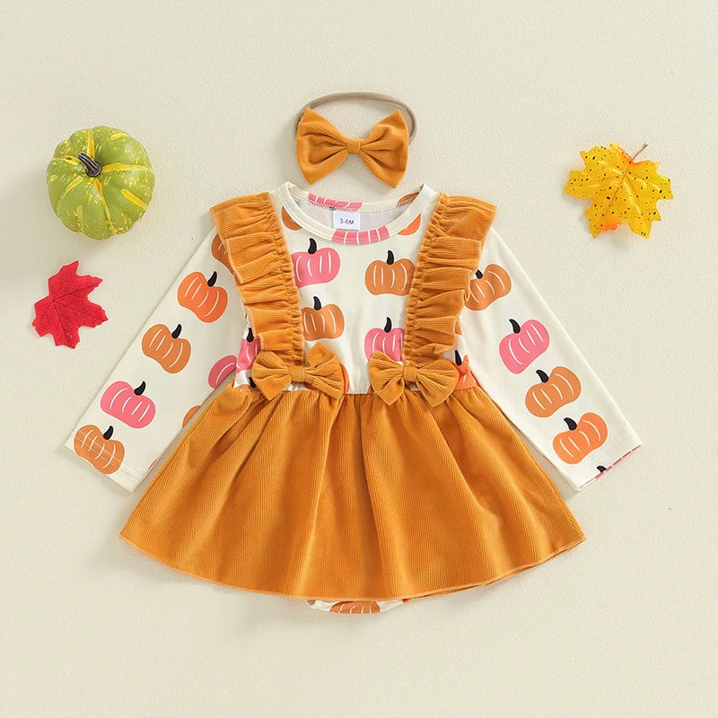 Toddler Girls Halloween Costume Dress with Pumpkin Print Romper Flying Sleeves O Neck and Matching Headband for a Spooky Look