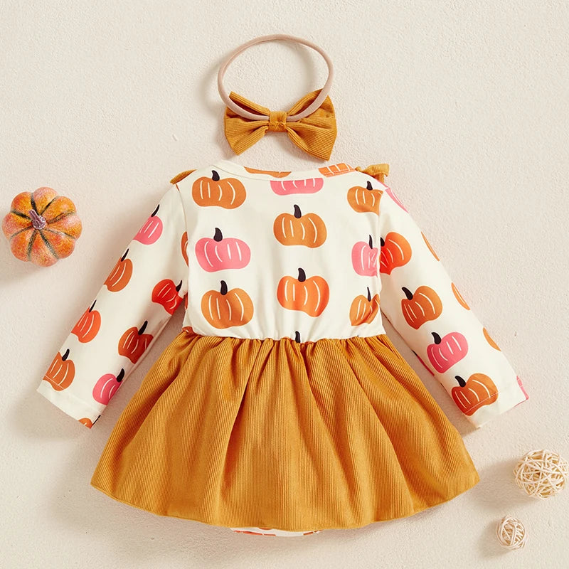 Toddler Girls Halloween Costume Dress with Pumpkin Print Romper Flying Sleeves O Neck and Matching Headband for a Spooky Look